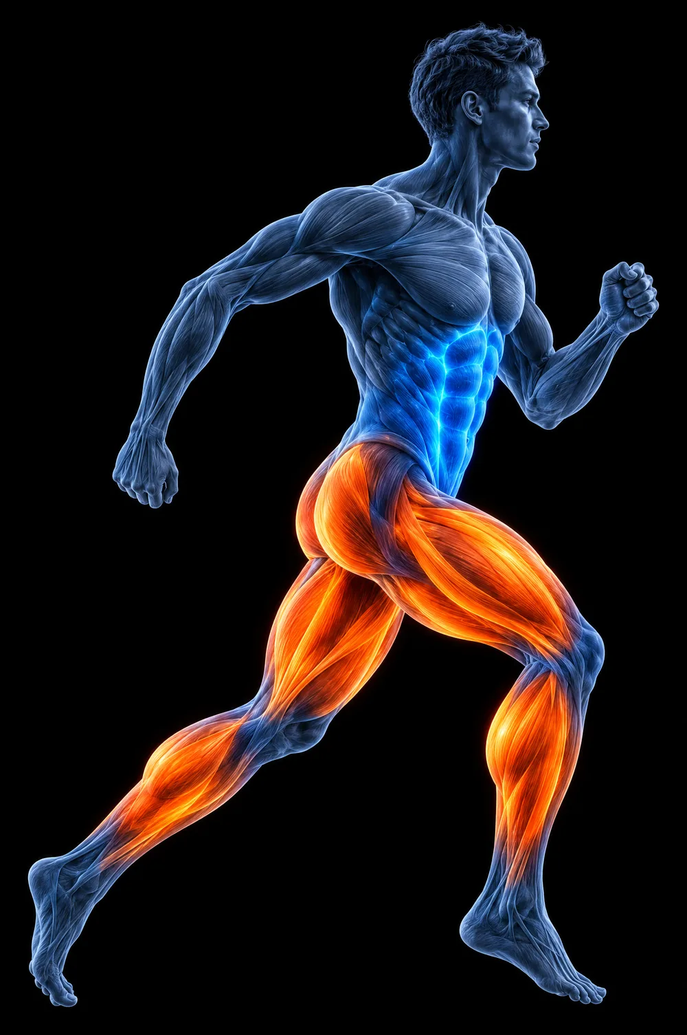 Anatomical runner with legs and glutes highlighted orange and core highlighted blue