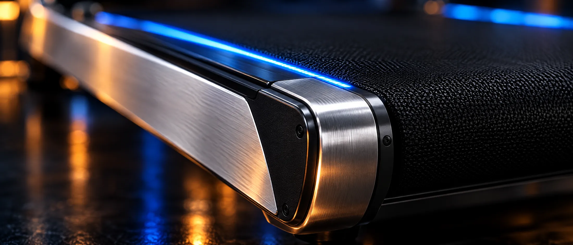 Macro of the Vector T1 brushed-aluminium end cap and blue LED belt rail
